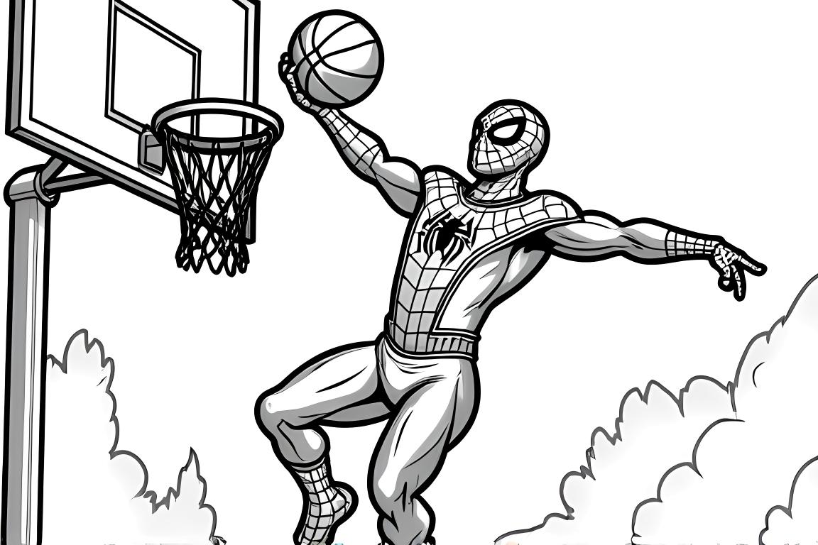 Illustration de livre de coloriage pour enfants de Spiderman jouant au basket-ball
