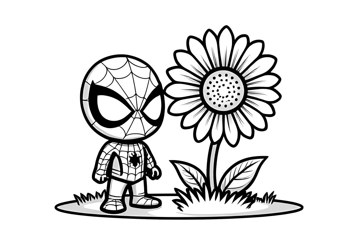 Simple page de coloriage pour enfants de Spiderman avec une grande fleur, idéale pour les tout-petits