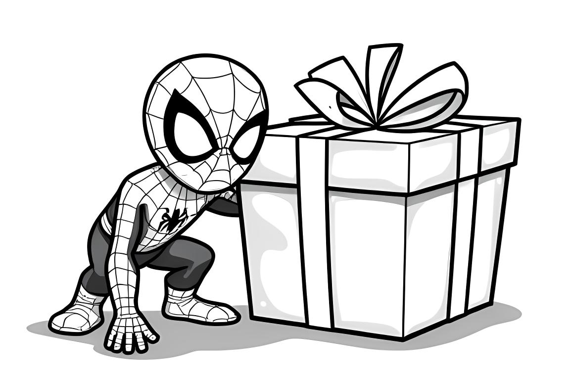 Sencilla página para colorear infantil de Spiderman con una caja de regalo, ideal para niños pequeños