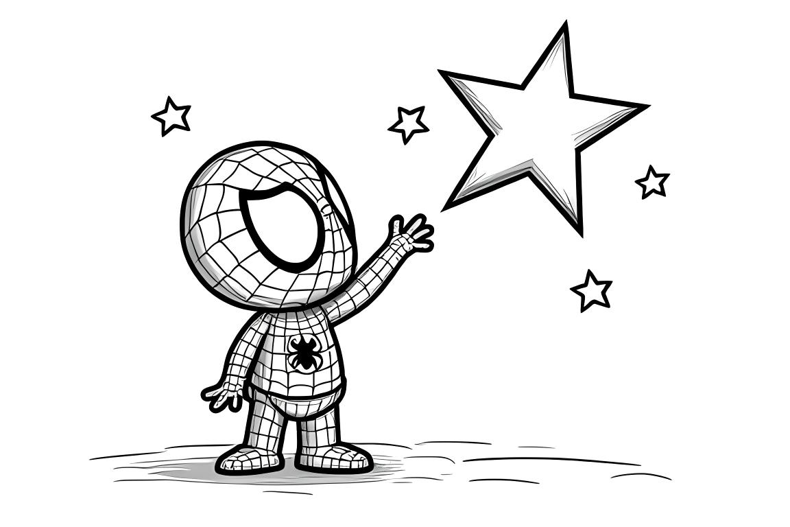 Sencilla página para colorear infantil de Spiderman alcanzando una estrella, perfecta para niños pequeños