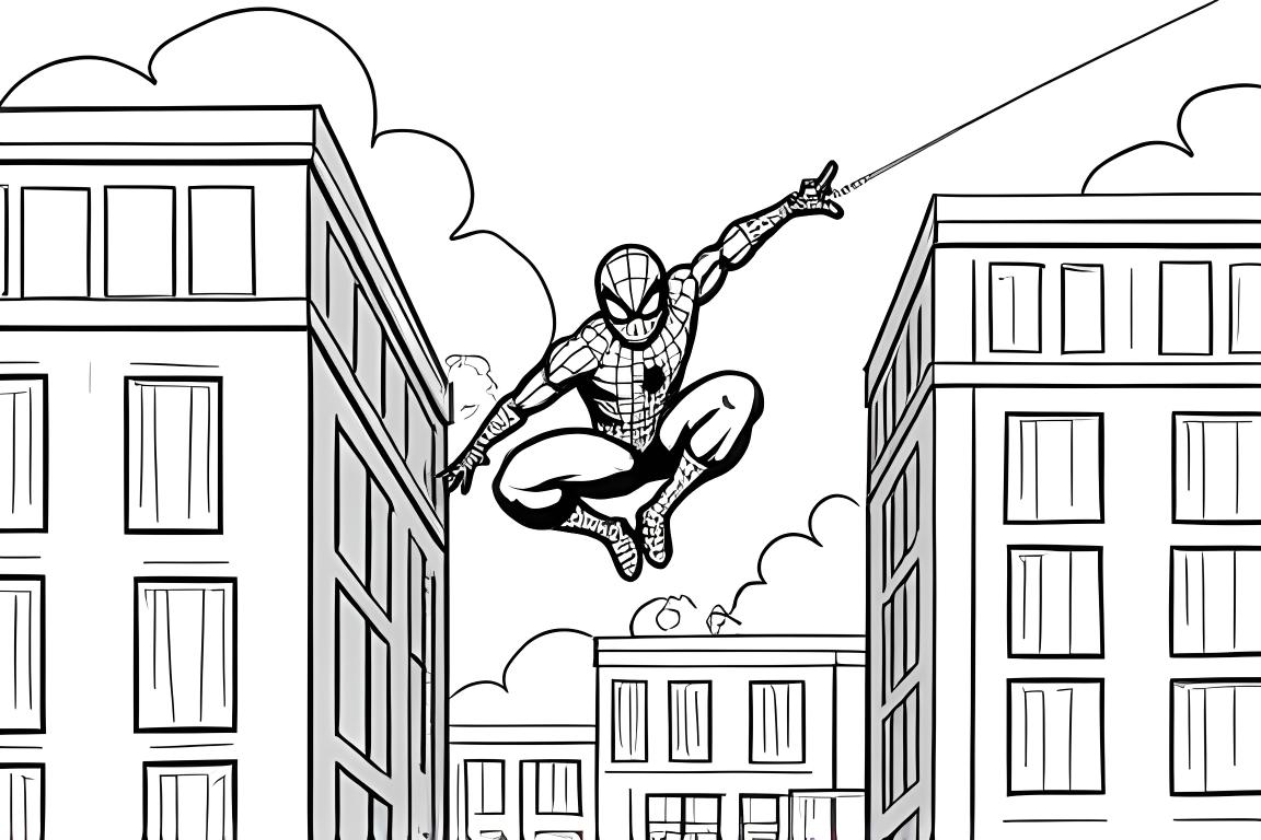 Página del libro para colorear de los niños de Spiderman balanceándose a través del horizonte de la ciudad