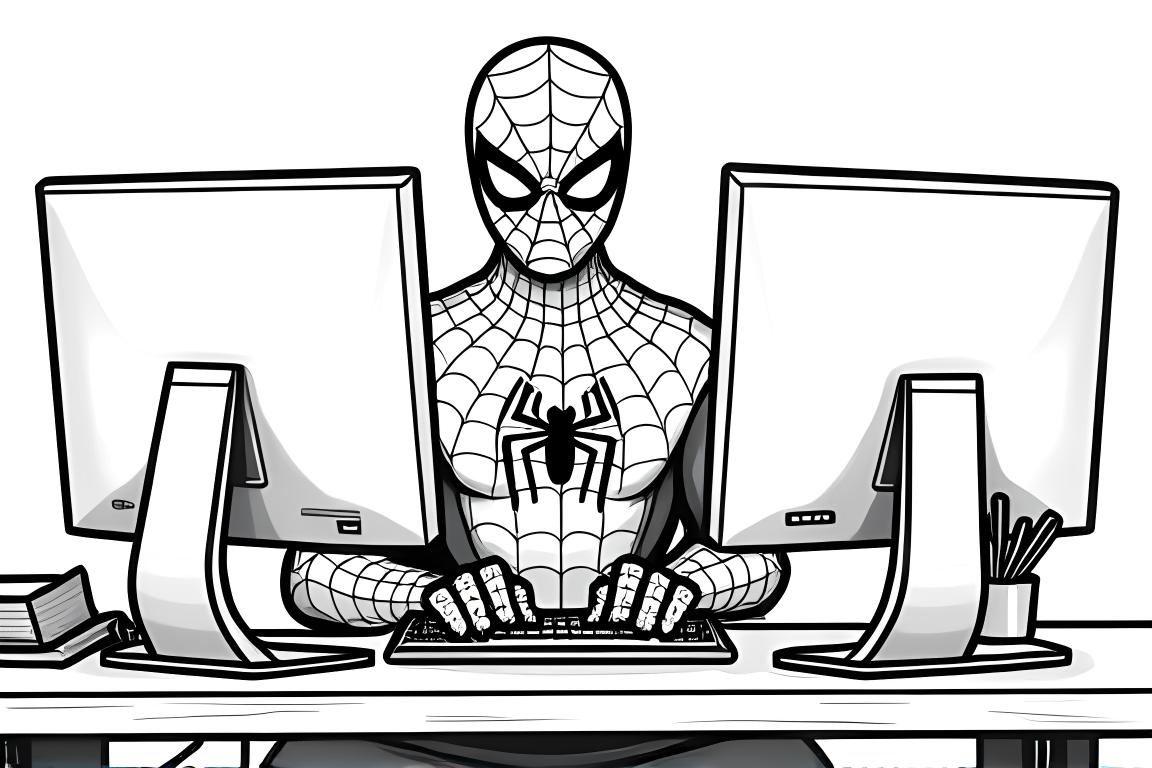 Ilustracja z kolorowanki dla dzieci przedstawiająca Spidermana korzystającego z komputera