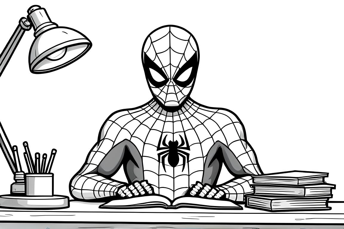 Strona z kolorowanką dla dzieci przedstawiająca Spidermana odrabiającego pracę domową