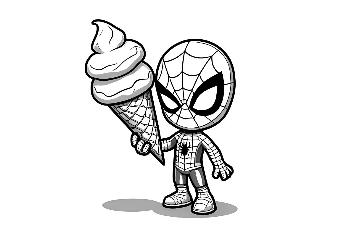 Sencilla página para colorear infantil de Spiderman con un cucurucho de helado, ideal para niños pequeños