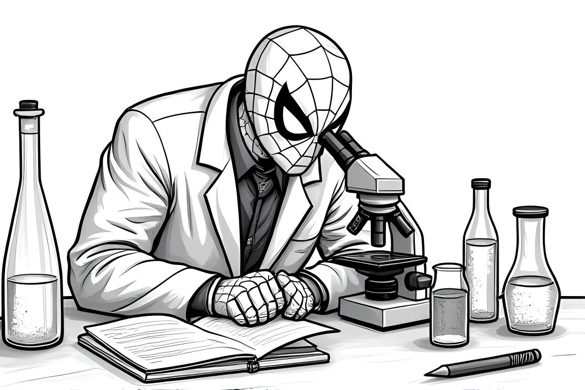 Página del libro para colorear de los niños de Spiderman en un laboratorio de ciencias