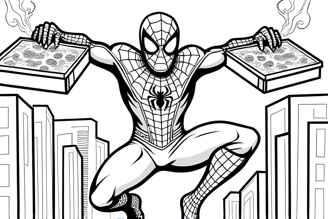 Page de livre de coloriage pour enfants de Spiderman livrant des pizzas