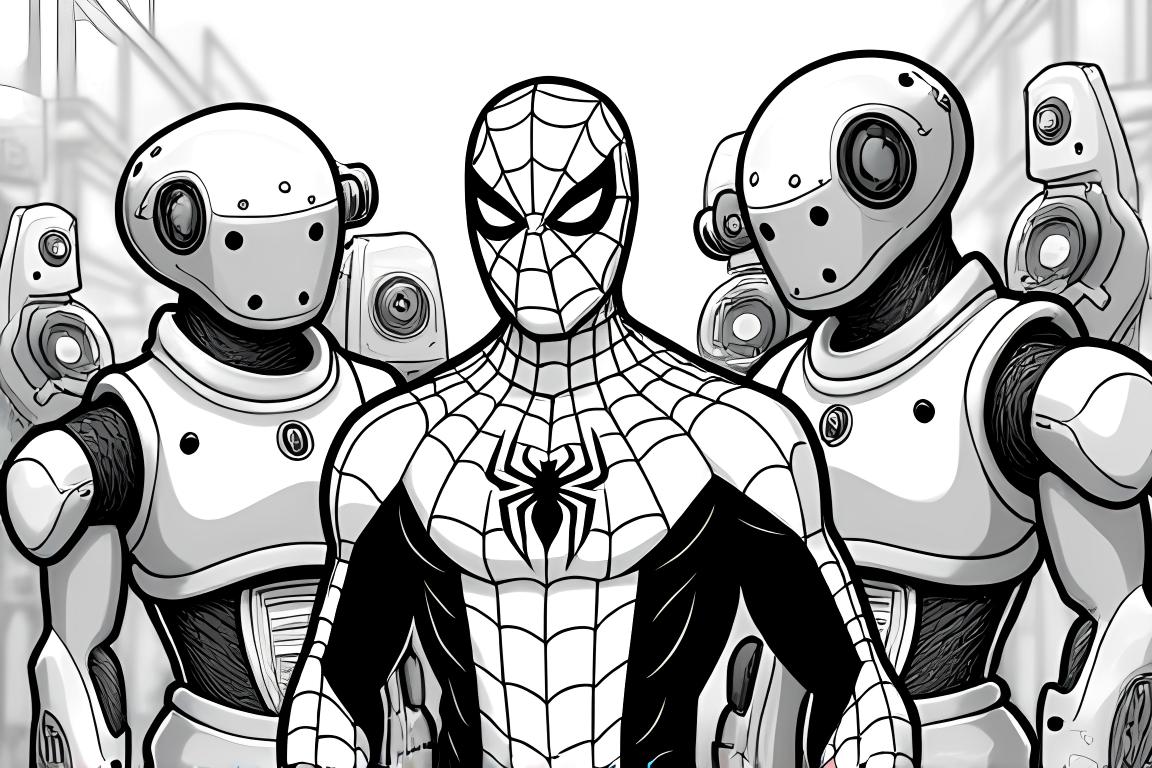Detaljerad barnens färgläggningsbok illustration av Spindelmannen i robotfabriken
