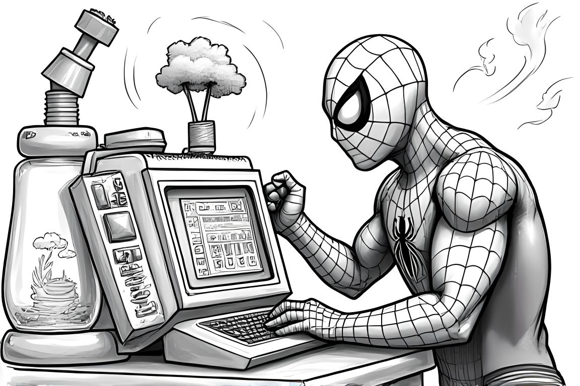 Szczegółowa strona do kolorowania dla dzieci z Spidermanem z maszyną pogodową