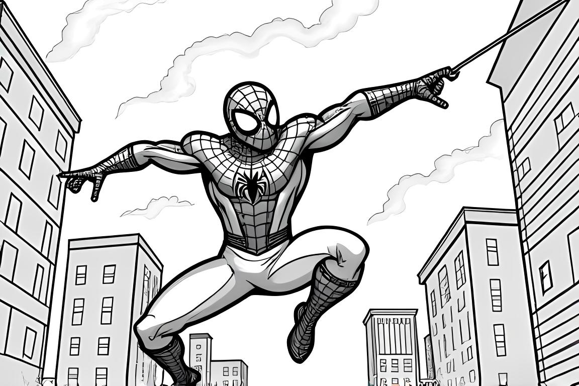Page de livre de coloriage pour enfants de Spiderman se balançant sur des motifs de toile