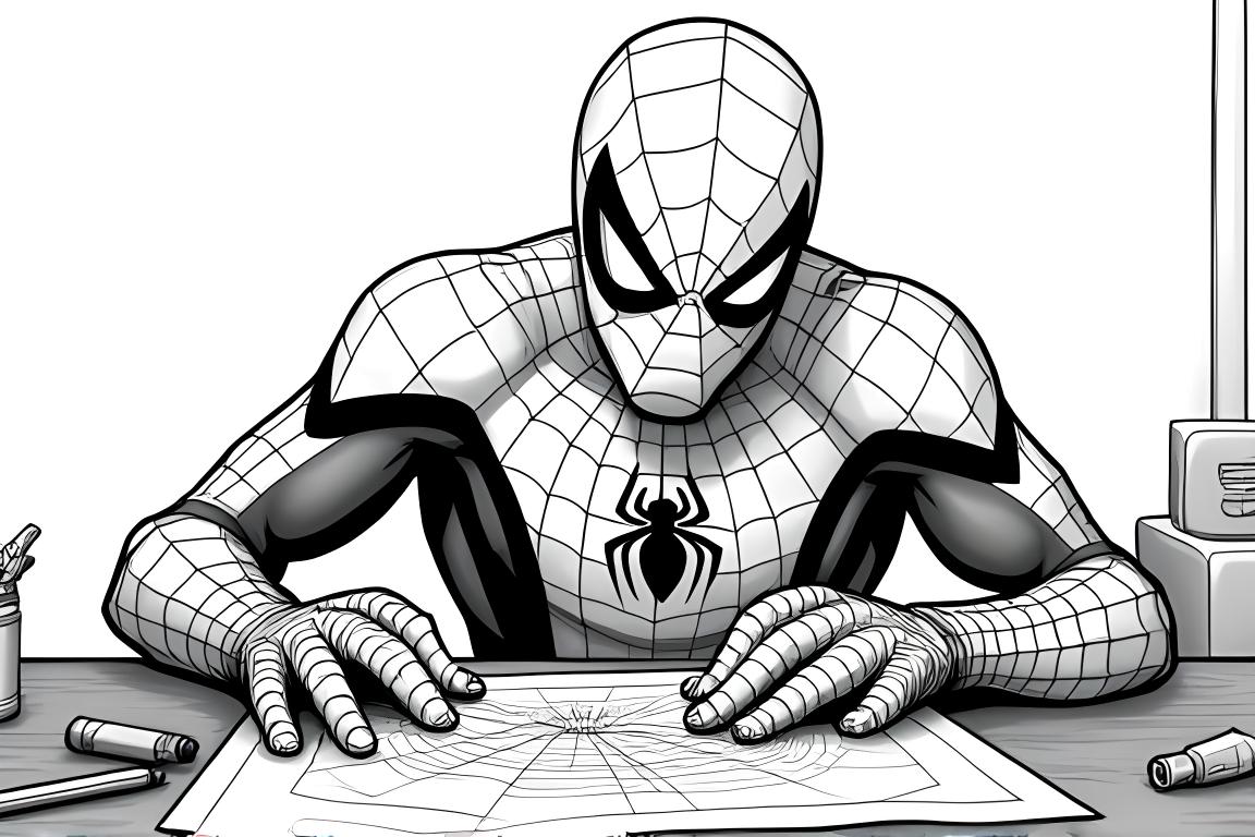 Pagina dettagliata di un libro da colorare per bambini di Spiderman nel laboratorio