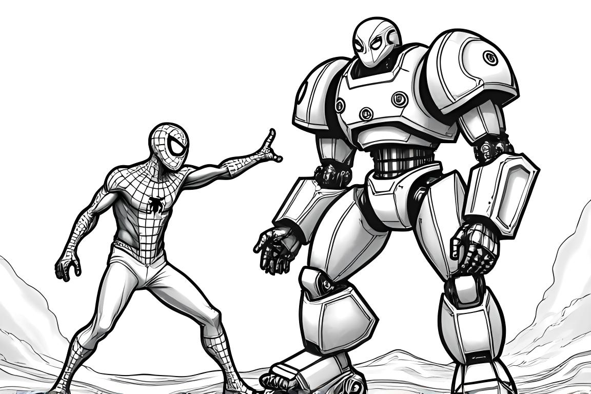 Ilustración del libro para colorear de los niños de Spiderman encontrándose con un robot