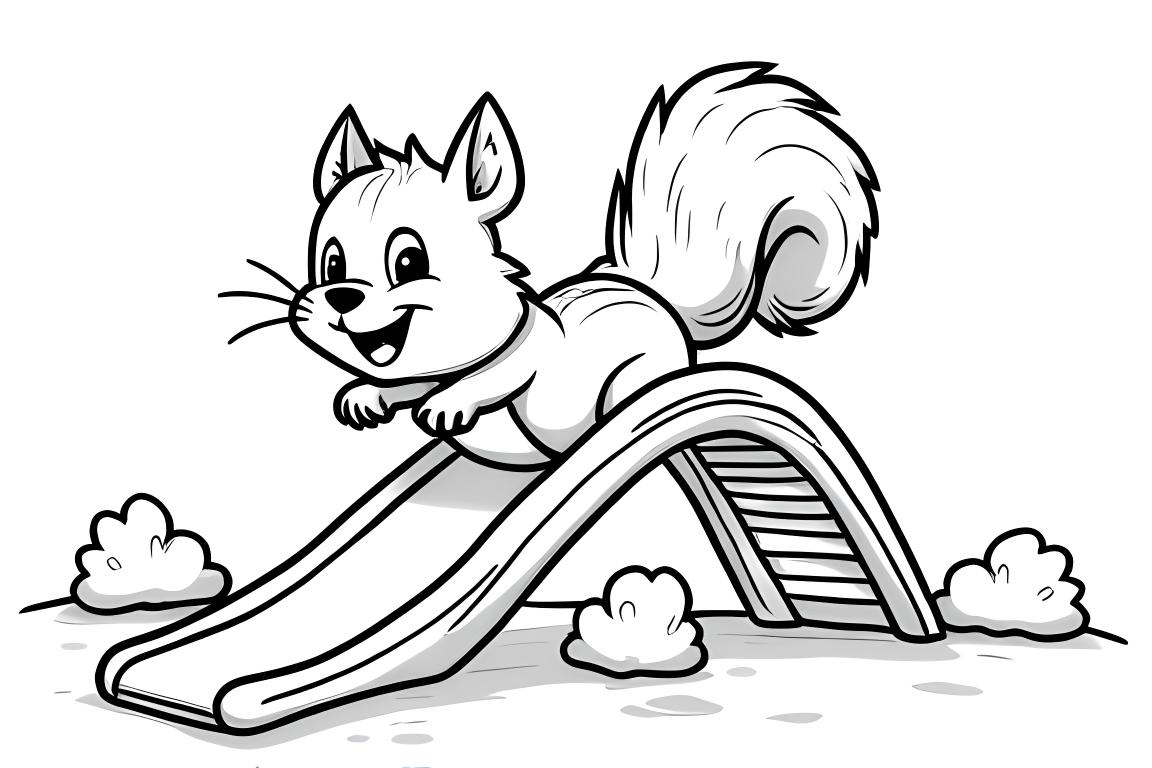 Einfache Malbuchseite für Kinder mit einem glücklichen Eichhörnchen auf einer Spielplatzrutsche