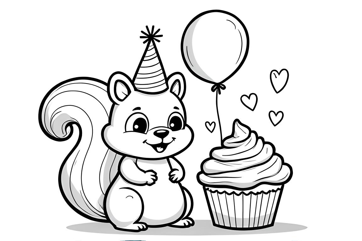 Semplice pagina di libro da colorare per bambini di uno scoiattolo che festeggia il compleanno con cupcake e palloncini