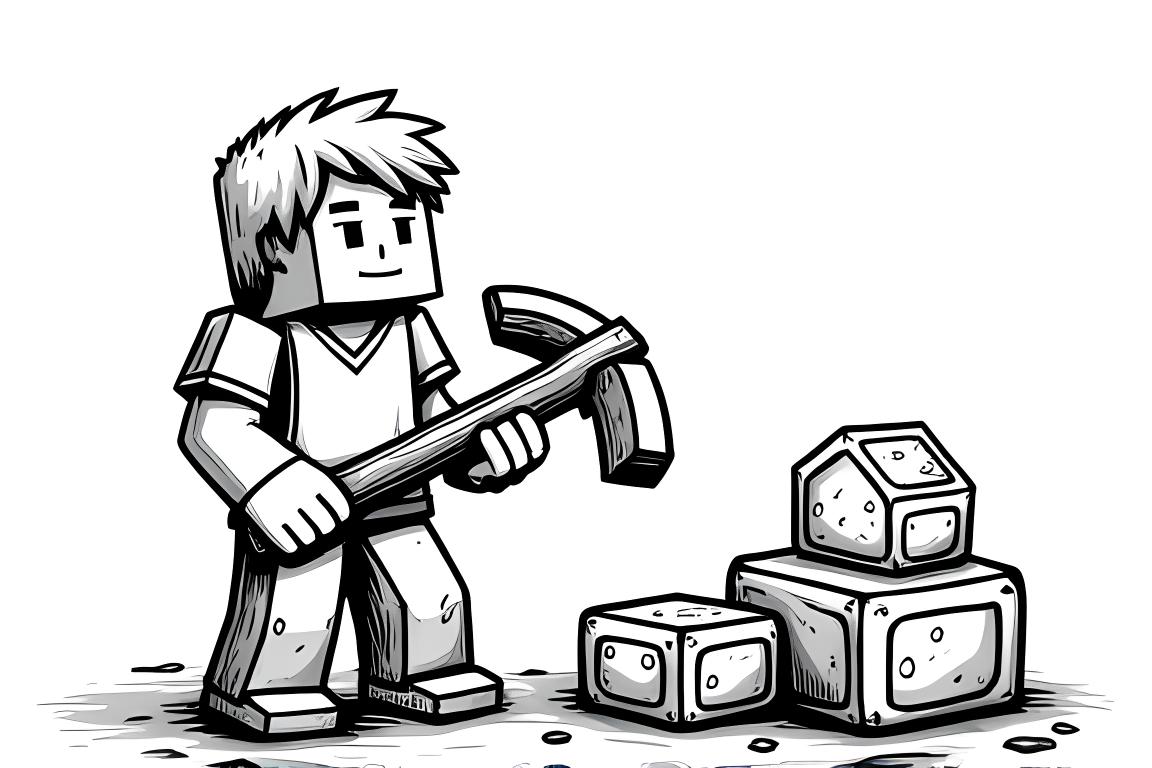 Illustrazione di un libro da colorare per bambini di Steve di Minecraft mentre estrae con il suo piccone