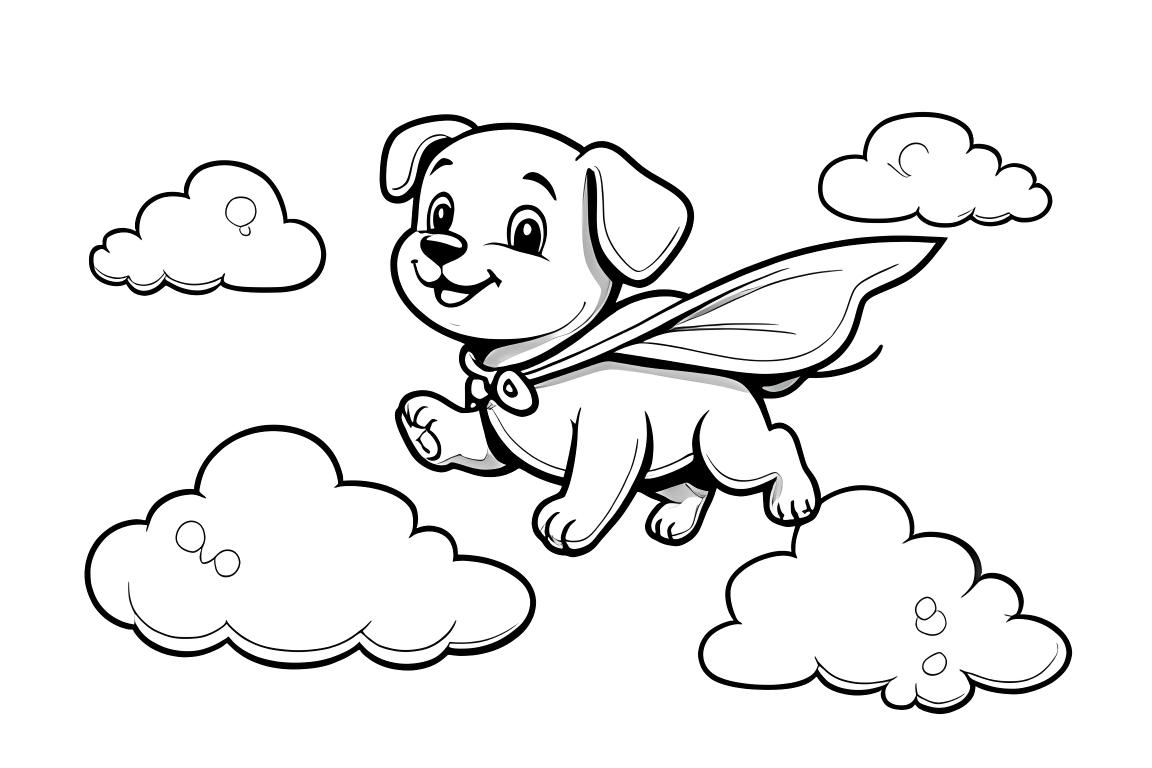 Einfache Malvorlage für Kinder von einem glücklichen Superhelden-Welpen, der durch Wolken fliegt
