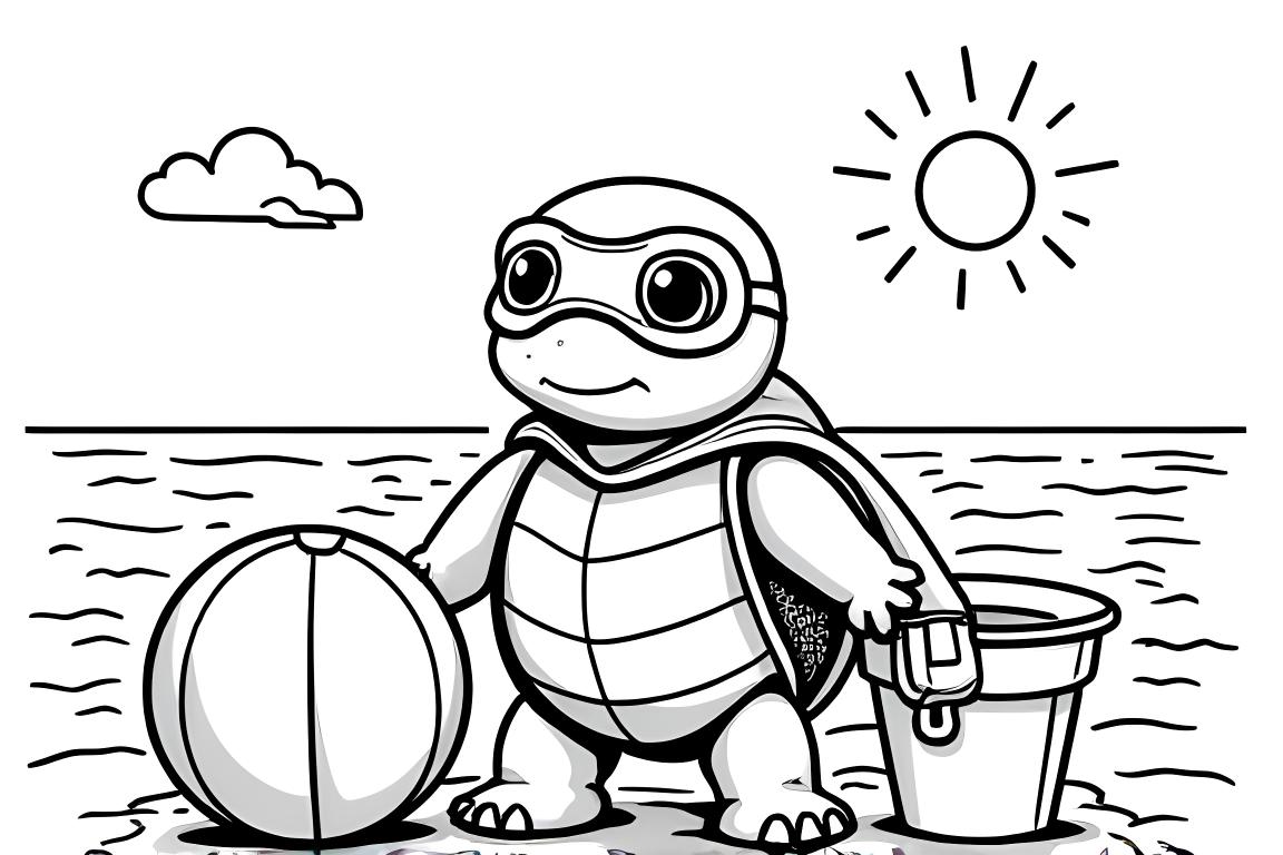 Page à colorier simple pour enfants d'une tortue super-héros s'amusant à la plage, parfait pour les tout-petits