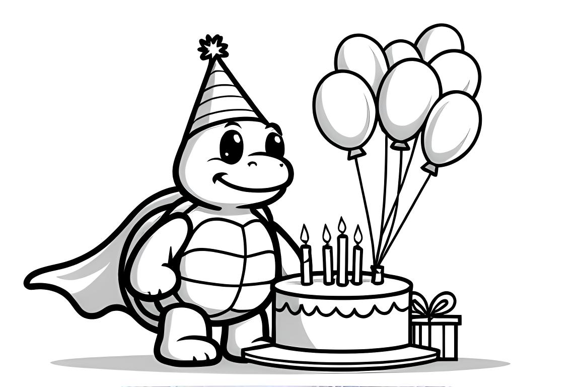 Página de coloring simple para niños de una tortuga superhéroe en una fiesta de cumpleaños con pastel y globos, perfecta para niños pequeños