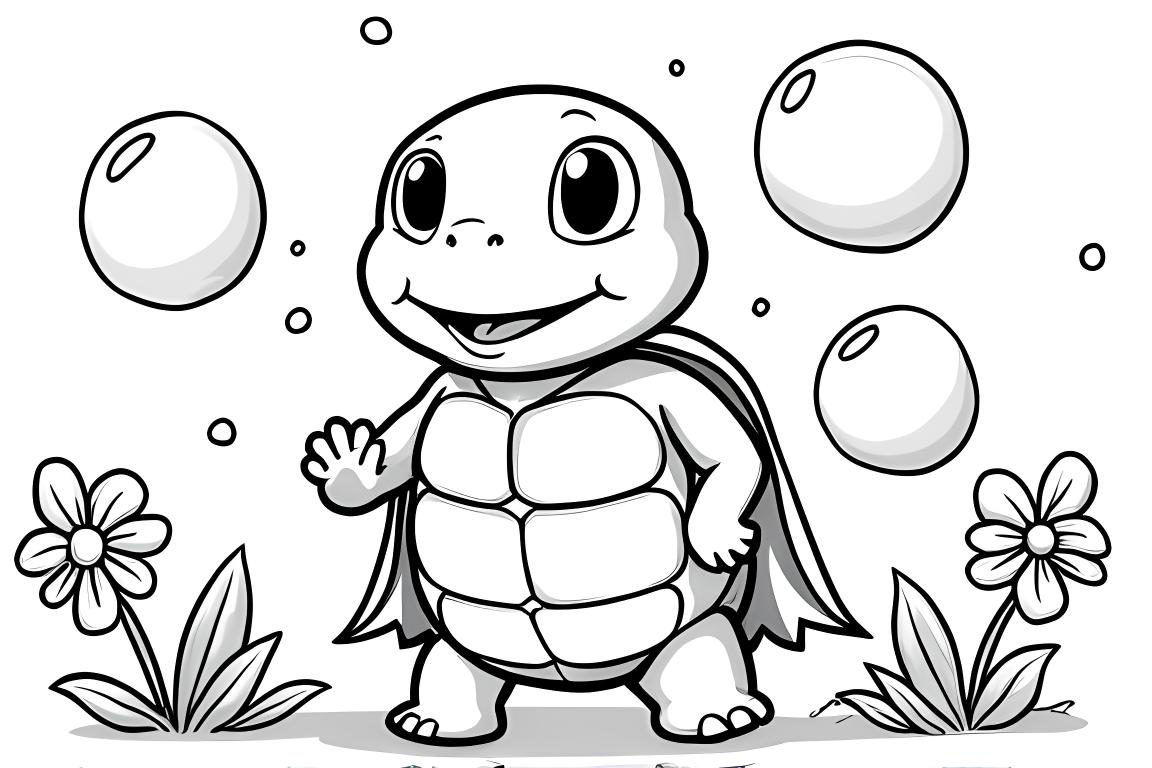 Página de coloring simple para niños que muestra a una tortuga superhéroe soplando burbujas, diseñada para niños pequeños