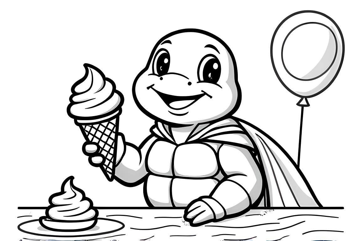 Página simple de libro de colorear infantil mostrando una tortuga superhéroe en una fiesta de helados, diseñada para niños pequeños