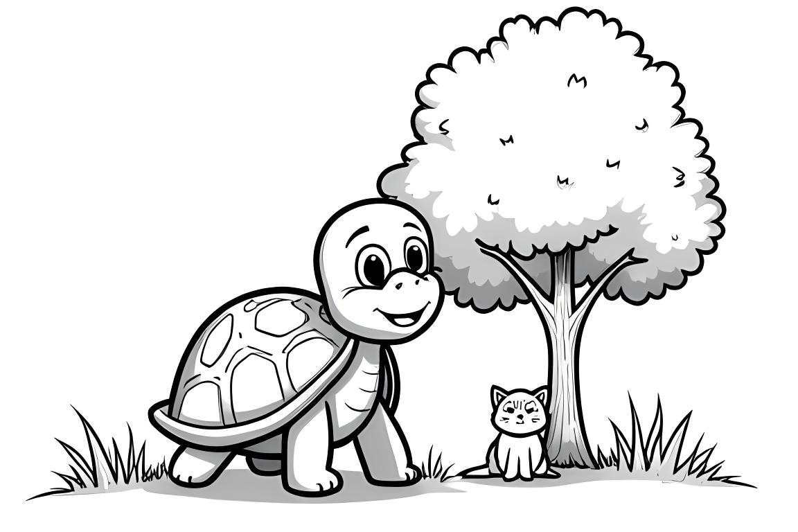 Página de colorear infantil simple de una tortuga superhéroe ayudando a un gatito en un árbol, perfecta para niños pequeños