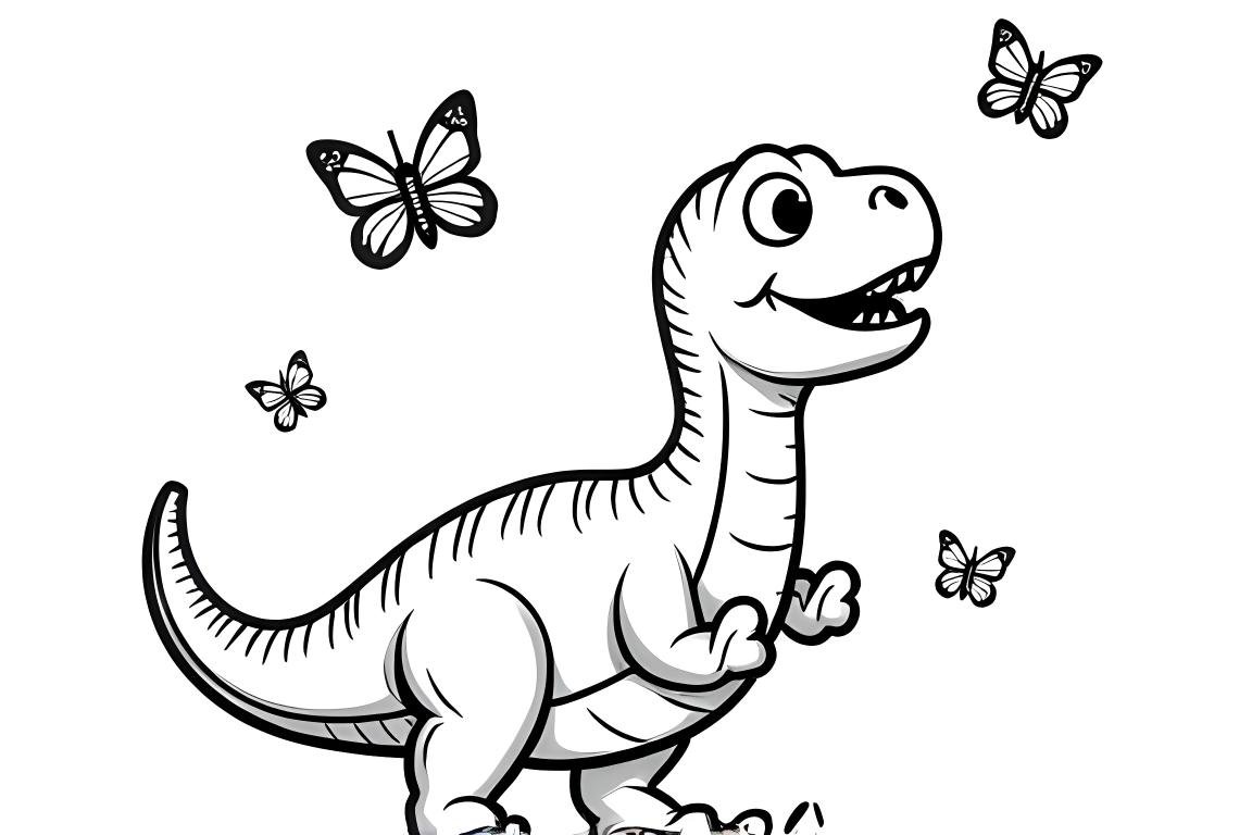 Illustrazione di un libro da colorare semplice per bambini di un T-Rex che osserva le farfalle, perfetta per i più piccoli