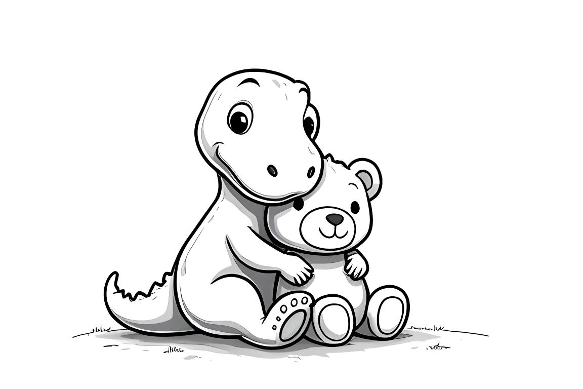 Illustrazione di un libro da colorare semplice per bambini di un T-Rex amichevole che tiene un orsacchiotto, perfetta per i più piccoli