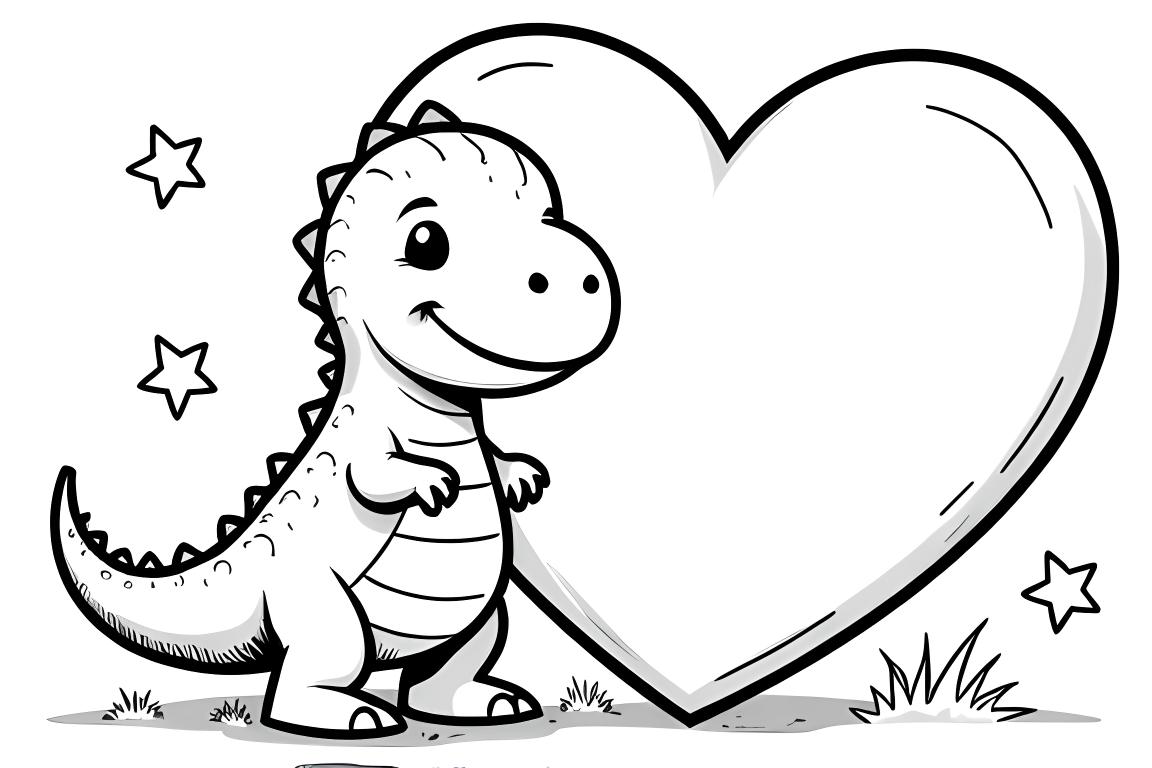 Ilustração simples de livro de colorir infantil de um dinossauro T-Rex ao lado de um coração grande, perfeita para crianças pequenas