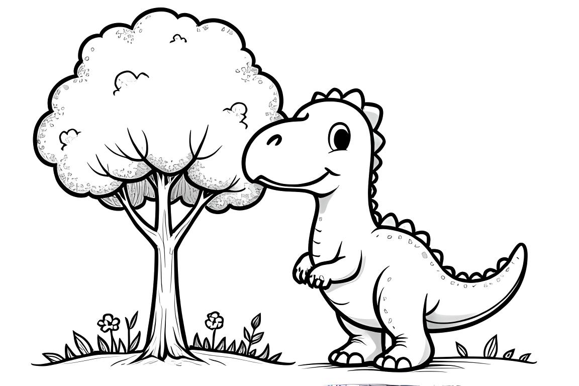 Ilustração simples de livro de colorir infantil de um dinossauro T-Rex ao lado de uma árvore grande, perfeita para crianças pequenas