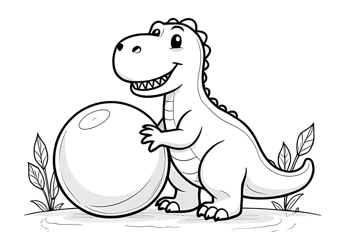 Illustration simple de livre de coloriage pour enfants d'un dinosaure T-Rex jouant avec une balle, parfait pour les tout-petits