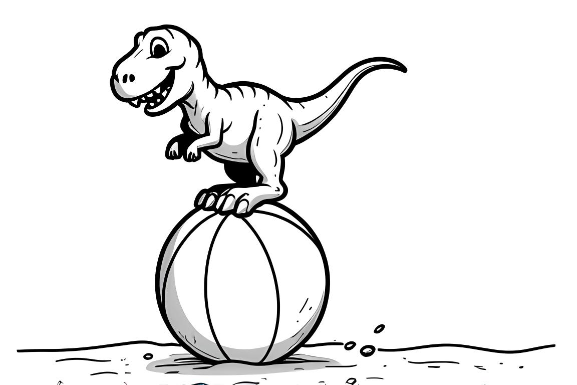 Page de livre de coloriage simple pour enfants d'un T-Rex jouant avec une grande balle de plage, parfaite pour les tout-petits