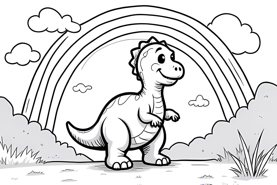 Illustration simple de livre de coloriage pour enfants d'un dinosaure T-Rex sous un arc-en-ciel, parfait pour les tout-petits