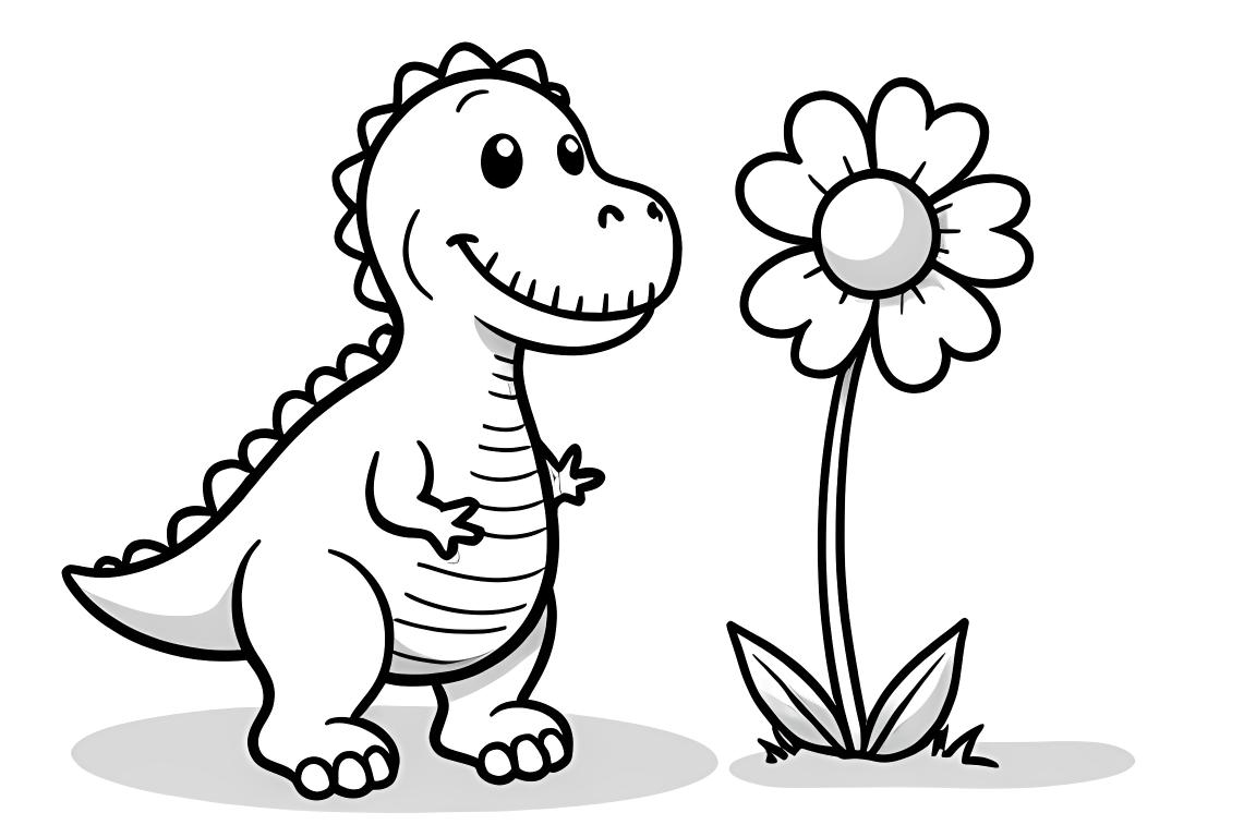 Illustration simple de livre de coloriage pour enfants d'un dinosaure T-Rex avec une grande fleur, parfait pour les tout-petits