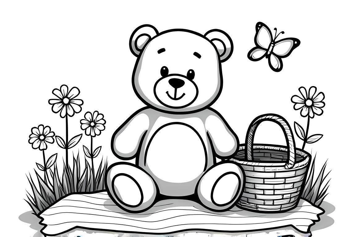Page de coloriage simple pour enfants montrant un ours en peluche ayant un pique-nique avec des formes de base pour les tout-petits