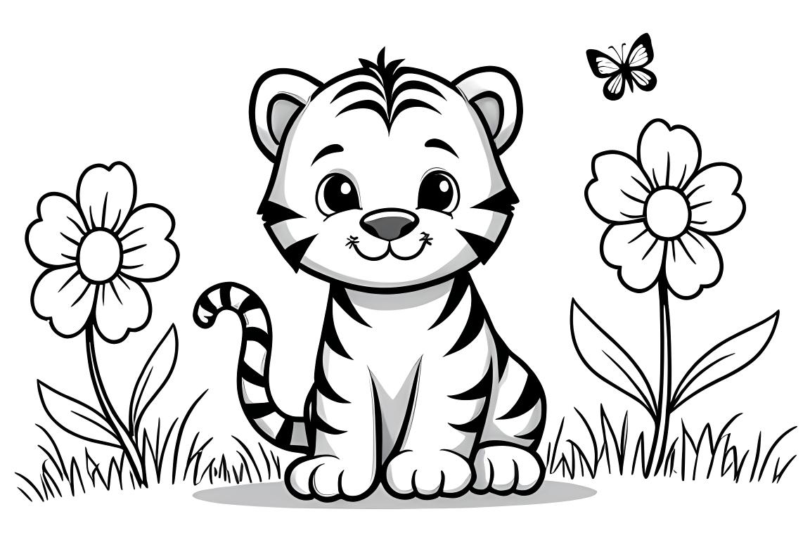 Pagina del libro da colorare per bambini che mostra un cucciolo di tigre in un giardino con fiori semplici, ideale per bambini di 3 anni