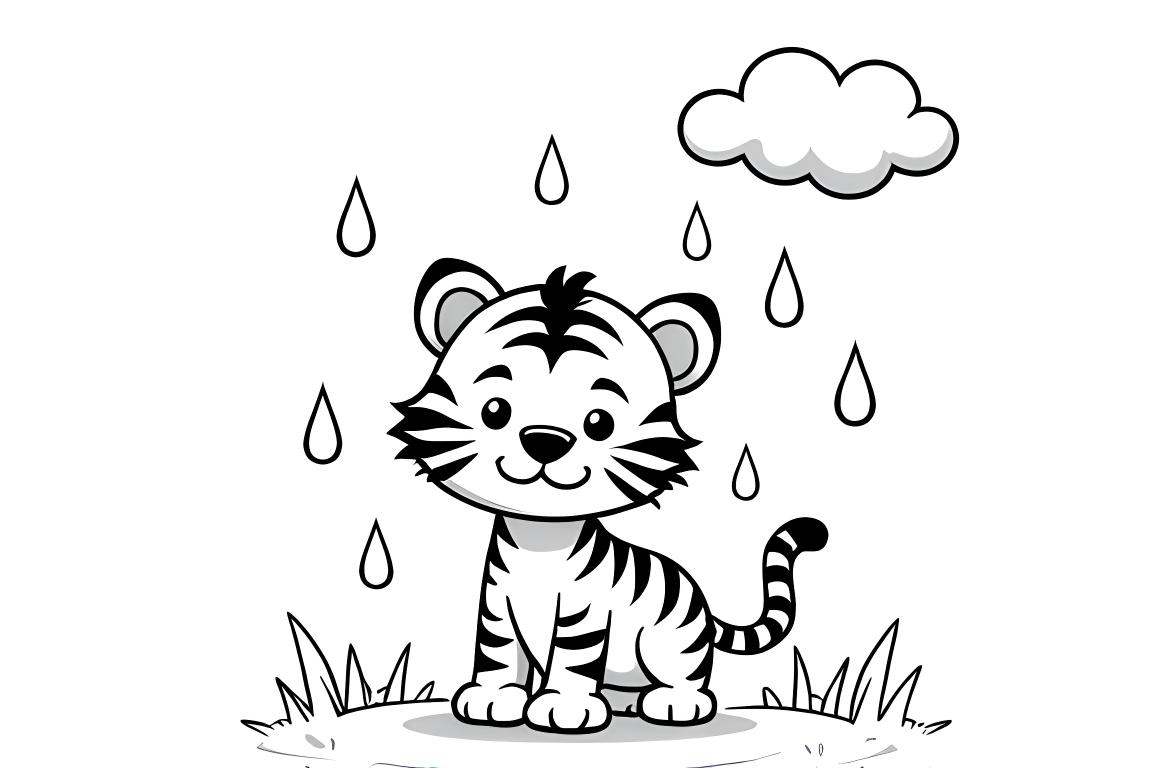 Página temática sobre o tempo mostrando um filhote de tigre na chuva, ideal para crianças pequenas