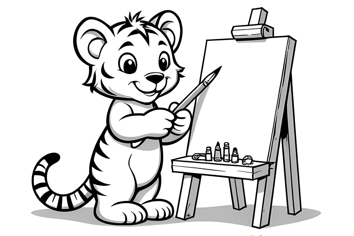 Page de livre de coloriage montrant un petit tigre peignant sur un chevalet avec du matériel d'art