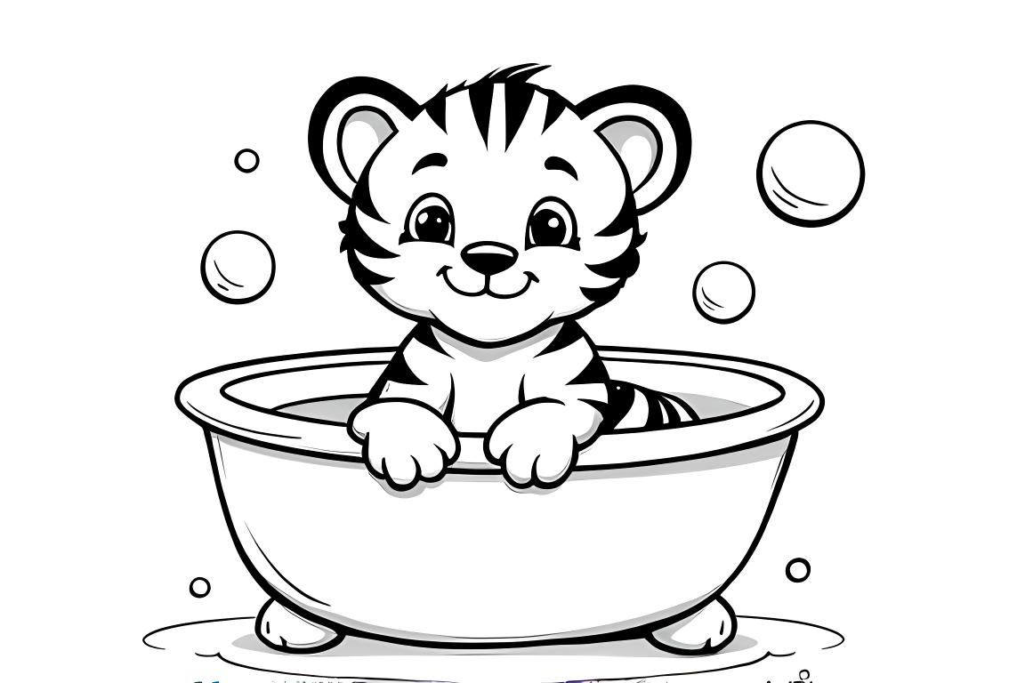 Pagina da colorare del momento del bagnetto che mostra un cucciolo di tigre in una vasca con bolle, perfetta per insegnare ai bambini piccoli l'igiene