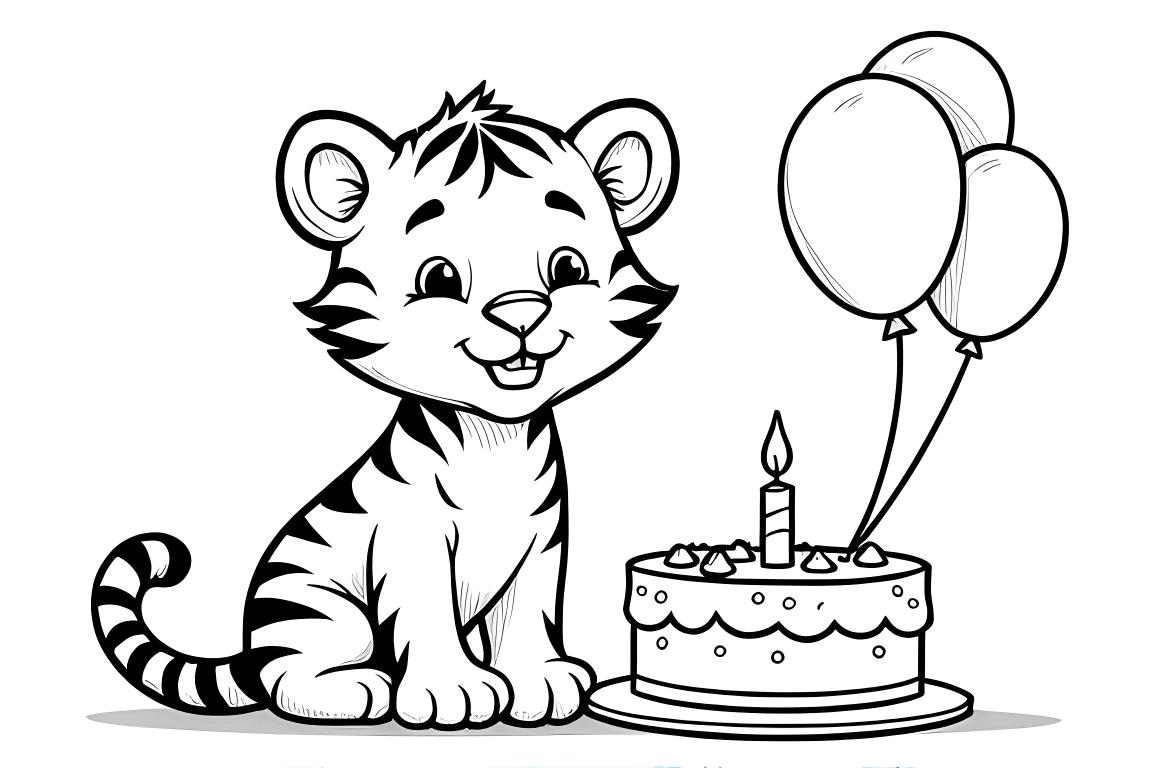 Page de coloriage amusante d'une fête d'anniversaire avec un bébé tigre, un gâteau et des ballons pour les jeunes enfants