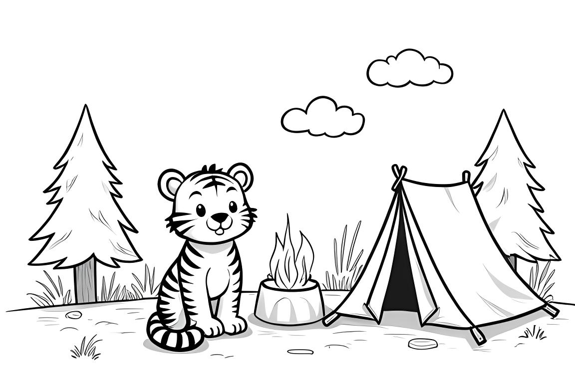 Página para colorear para niños que muestra a un cachorro de tigre en una excursión de campamento con tienda y fogata