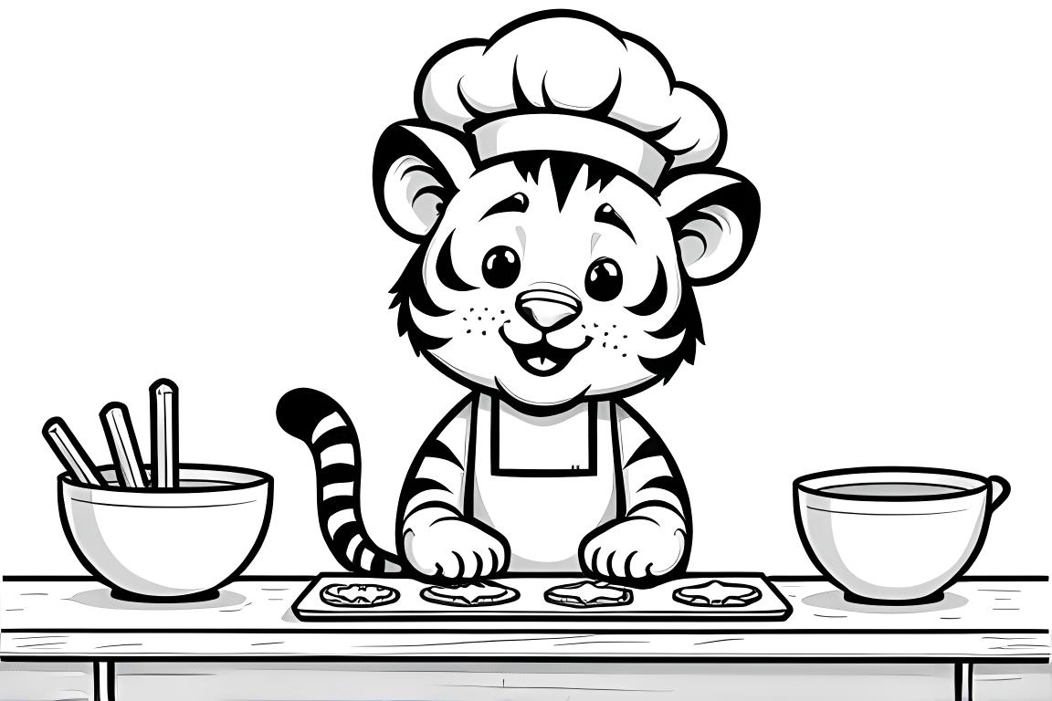 Pagina da colorare di un cucciolo di tigre che prepara biscotti in cucina con cappello da chef e utensili da forno