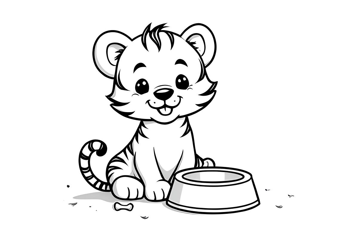 Ausmalbuchseite eines Tigerjungen, der aus einer Schüssel isst, perfekt, um Kleinkinder über Mahlzeiten zu lehren