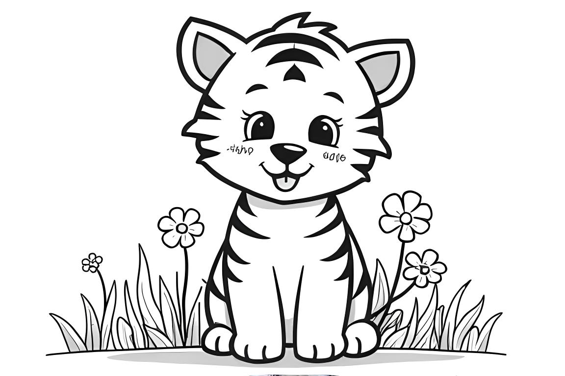 Illustration simple de livre de coloriage pour enfants d'un bébé tigre mignon avec des rayures basiques, parfaite pour les tout-petits