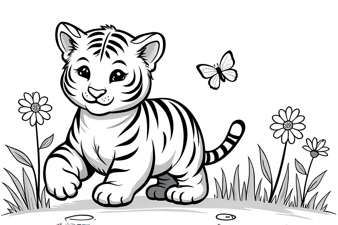 Página para colorear para niños que muestra a un cachorro de tigre en un jardín con flores y mariposas