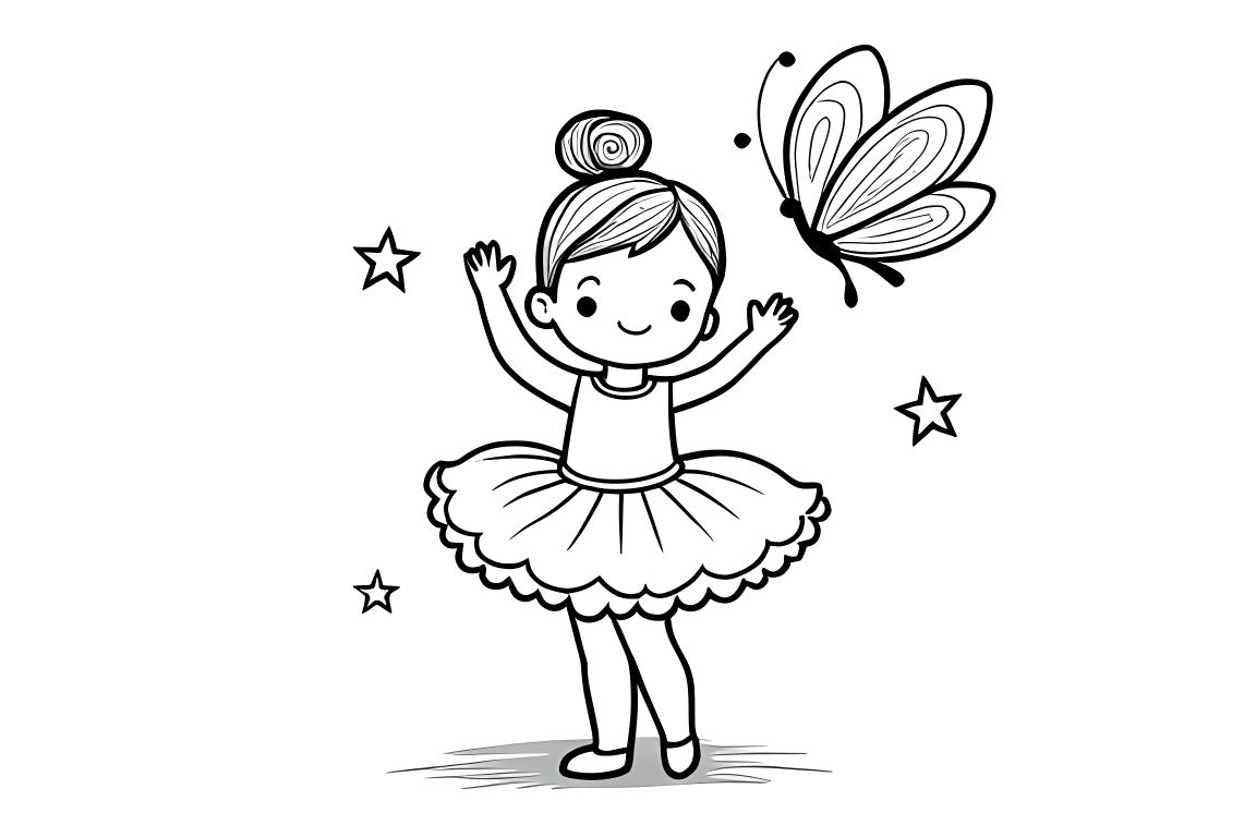 Einfache Ausmalbuchseite für Kinder einer süßen Ballerina, die mit einem Schmetterling tanzt, ideal für Kleinkinder