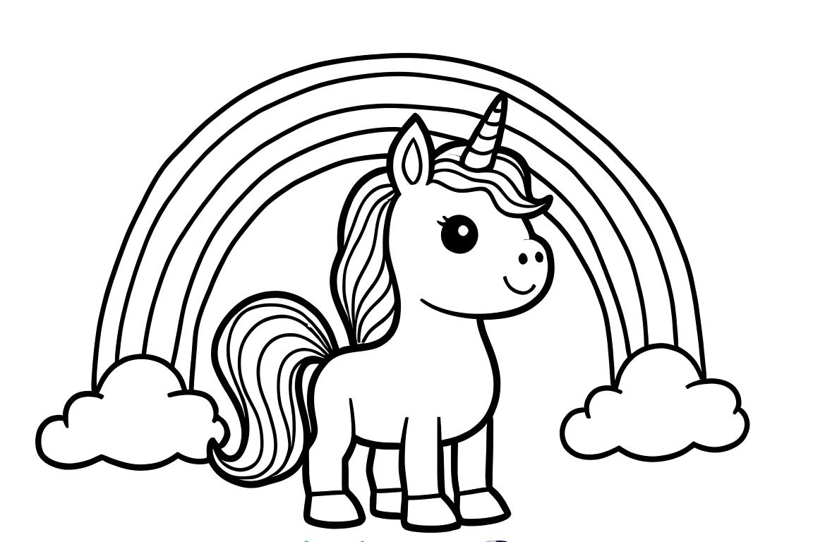 Simple children's coloring book page of a unicorn under a rainbow with clouds