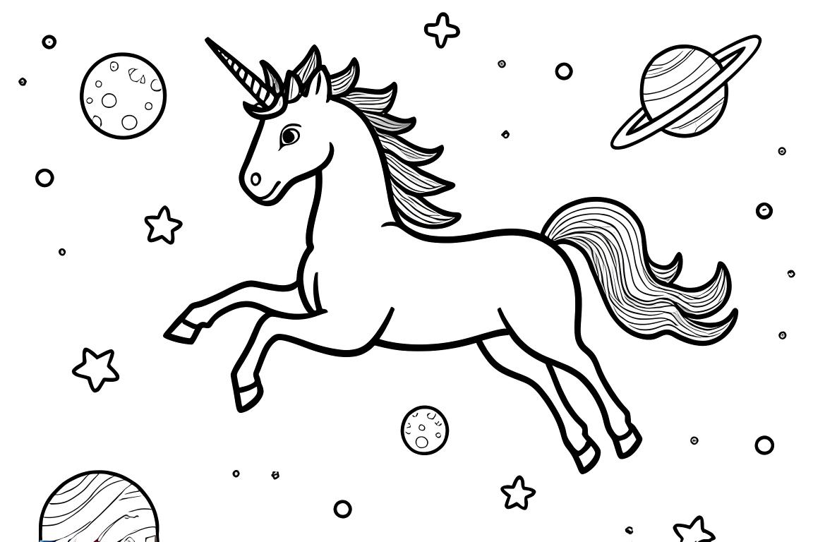 Children's coloring book page of a magical unicorn floating in space with stars and planets