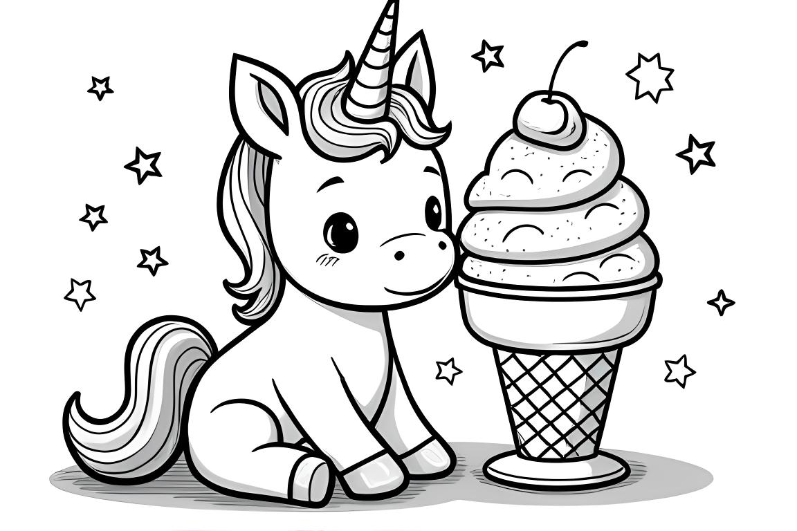 Page de coloriage pour enfants présentant une licorne heureuse avec un énorme sundae glacé