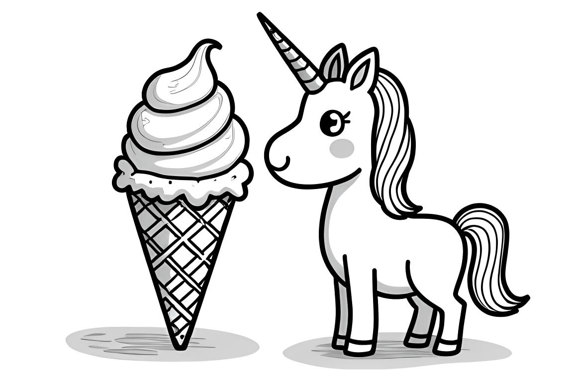 Ilustración simple para colorear de un unicornio con un cono de helado