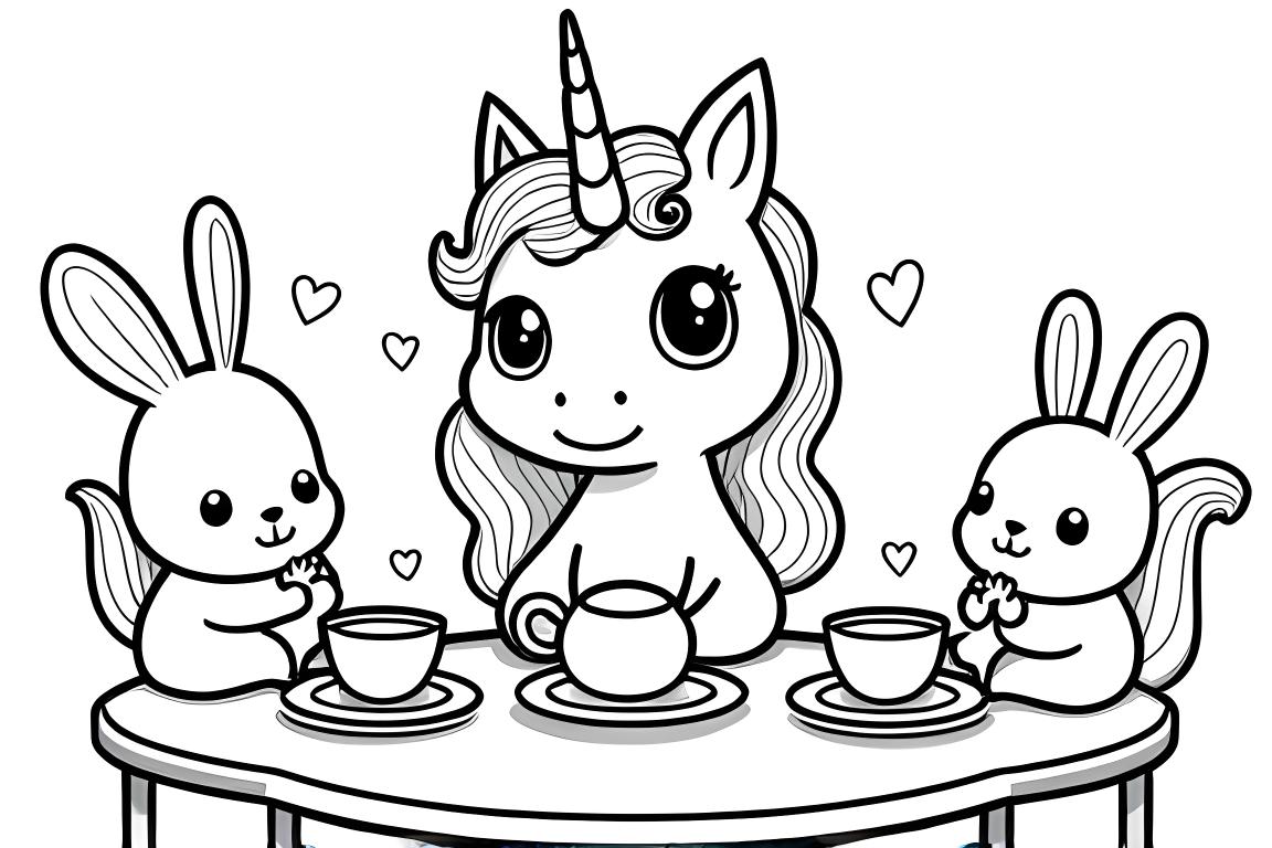 Page de livre de coloriage pour enfants représentant une licorne ayant une fête de thé avec des amis de la forêt