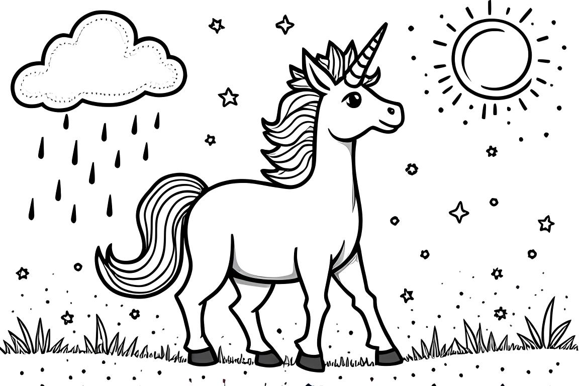 Children's coloring book illustration of a unicorn creating different weather patterns with magical powers